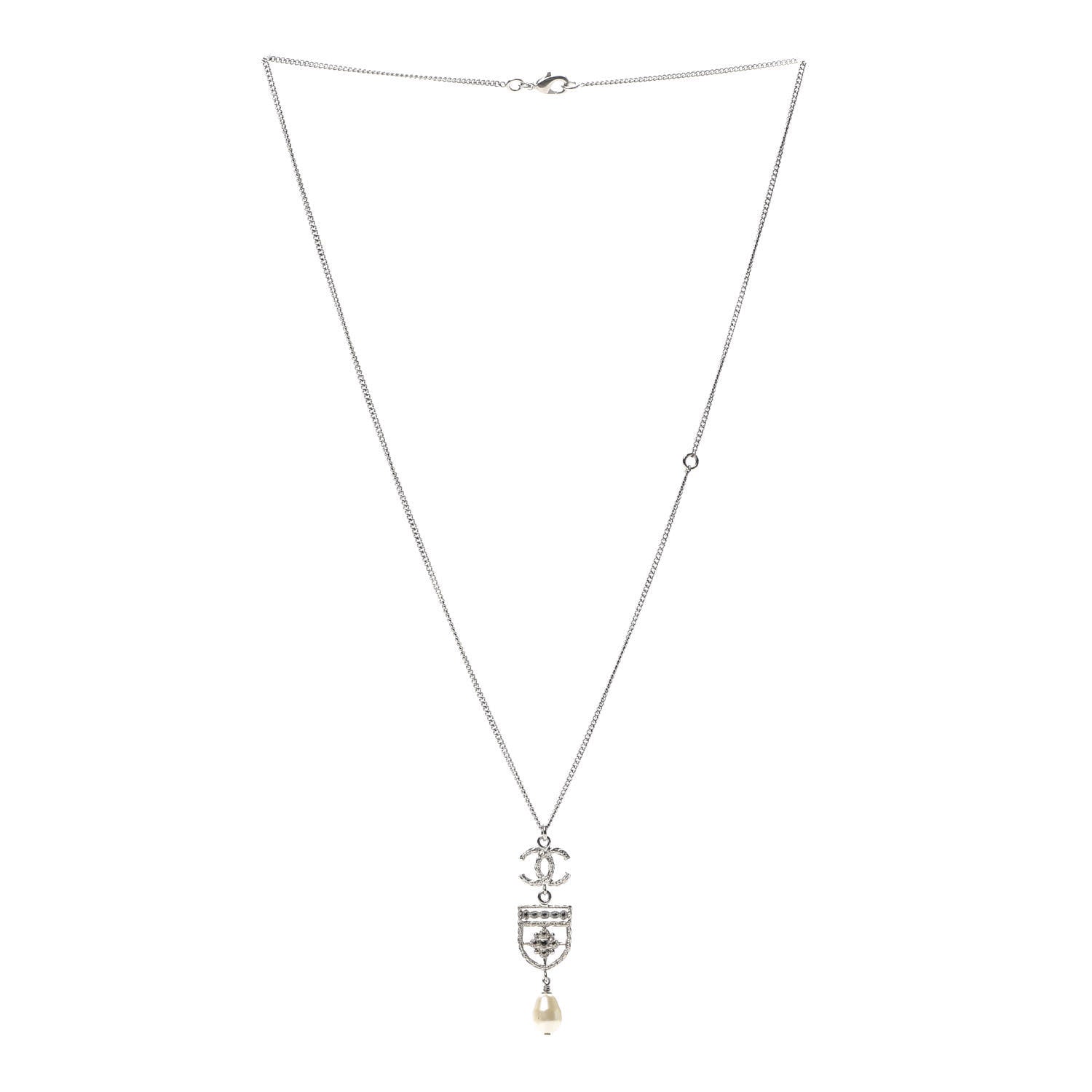 Chanel Resin Pearl CC Shield Drop Necklace Silver 3 of 4