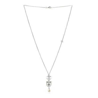 Chanel Resin Pearl CC Shield Drop Necklace Silver 3 of 4