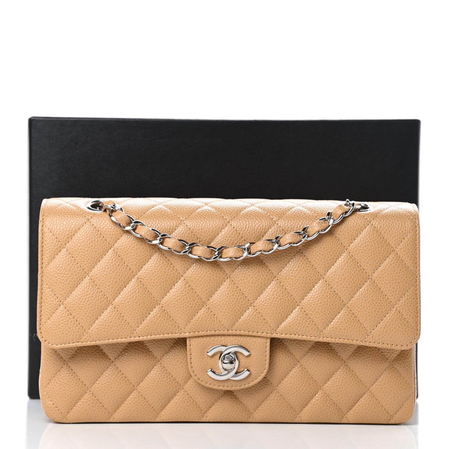 Caviar Quilted Medium Double Flap Beige