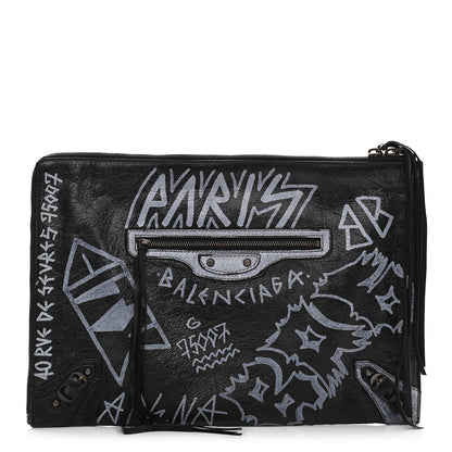 Balenciaga Agneau Classic Hardware Graffiti Small Pouch Black White 1 of 10