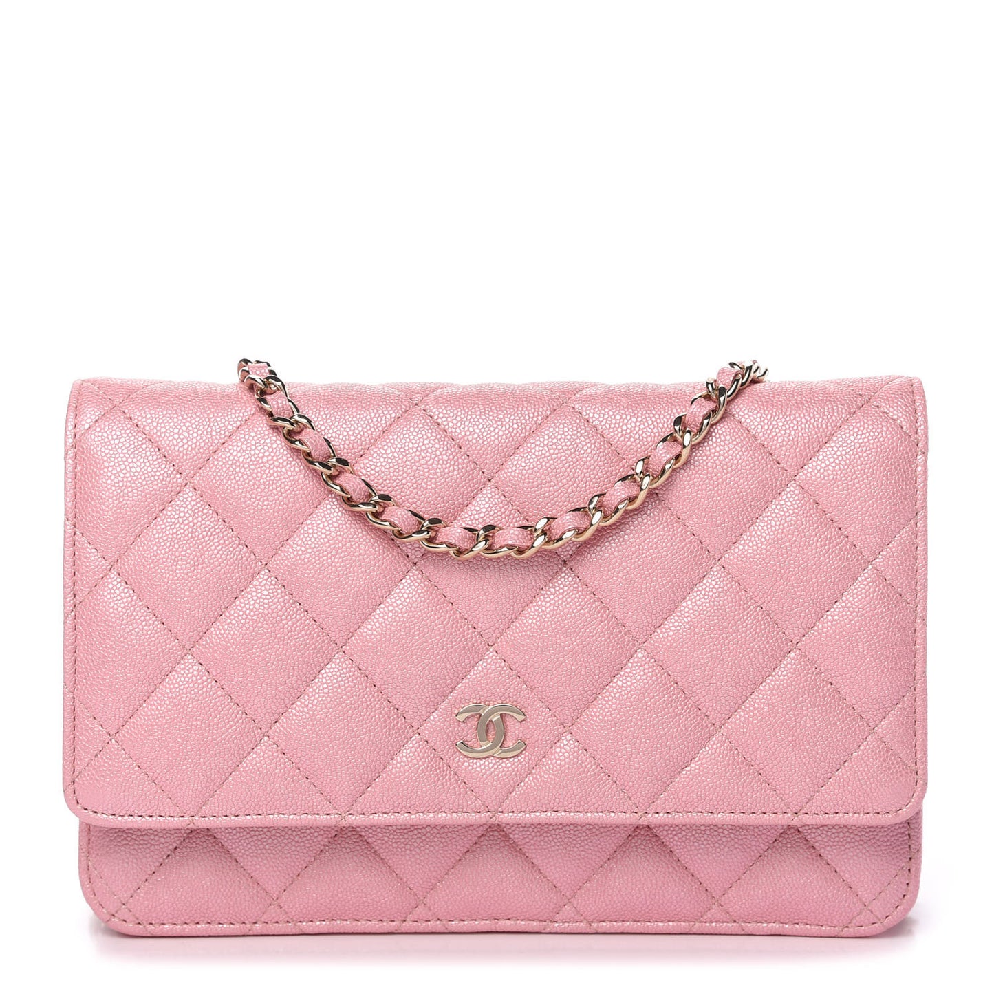 Iridescent Caviar Quilted Wallet on Chain WOC Rose Pink