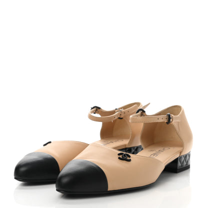 Chanel Lambskin Cap Toe CC Flats 37.5 Beige Black 3 of 8