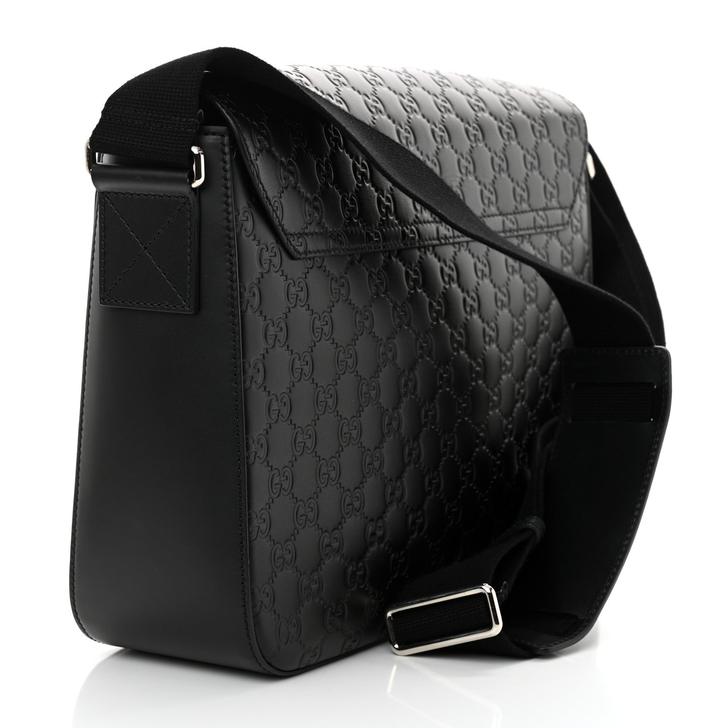 Gucci Guccissima Signature Medium Double Buckle Flap Messenger Bag Black 3 of 12