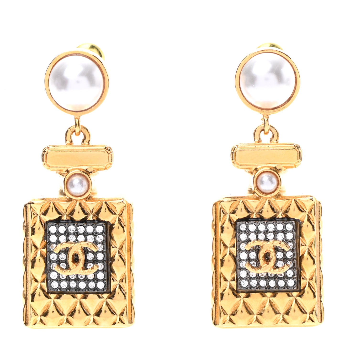 Crystal Pearl CC Perfume Bottle Drop Earrings Gold