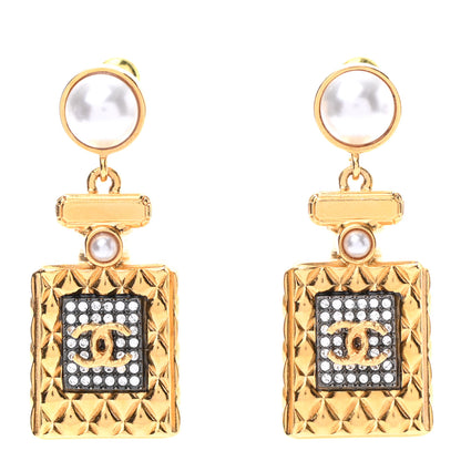 Chanel Crystal Pearl CC Perfume Bottle Drop Earrings Gold 1 of 5