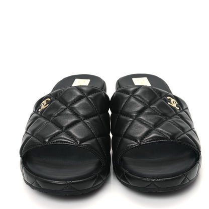 Chanel Lambskin Quilted CC Mules Wedge Sandals 40 Black 3 of 9