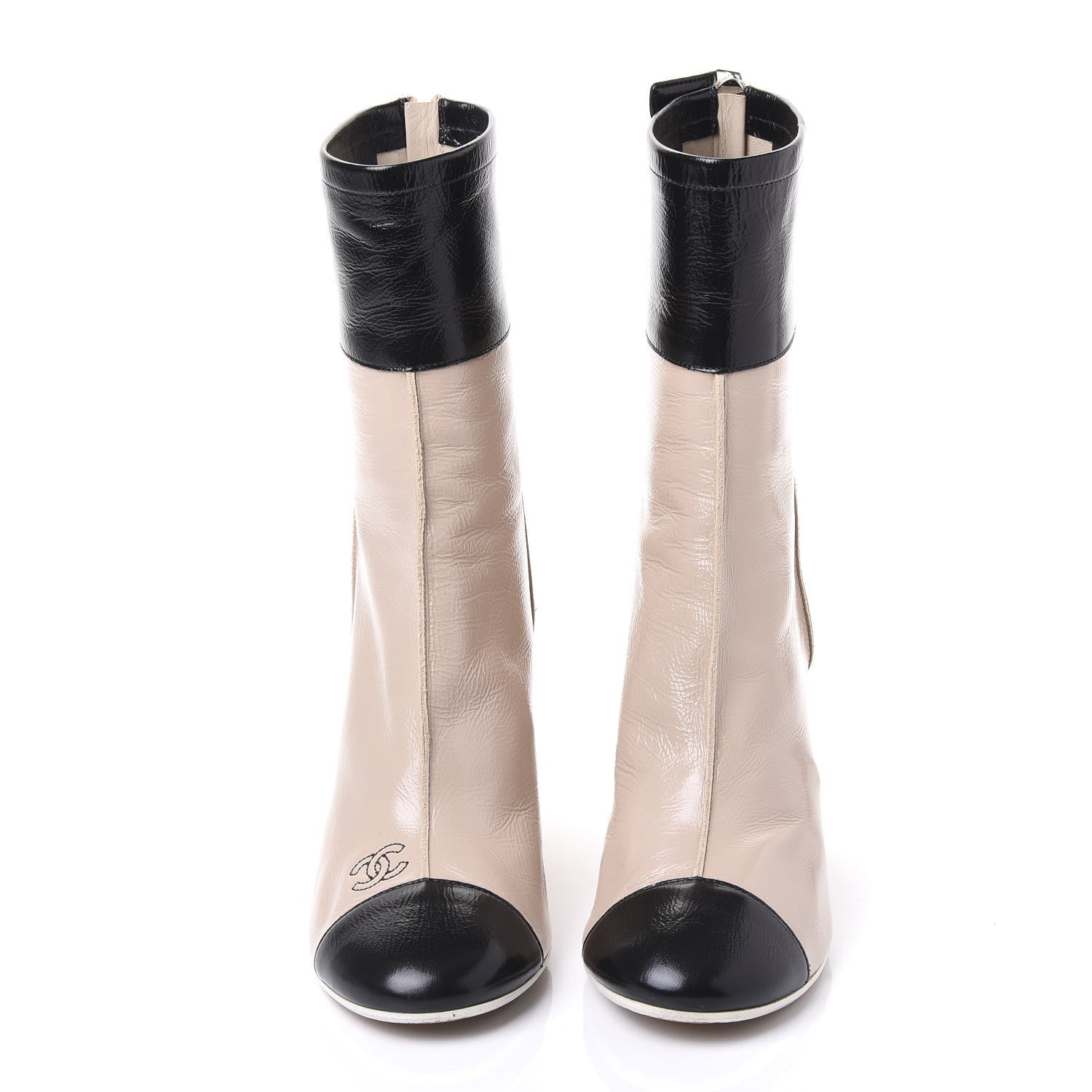 Chanel Glazed Calfskin CC Cap Toe Short Boots 38 Beige Black 3 of 9
