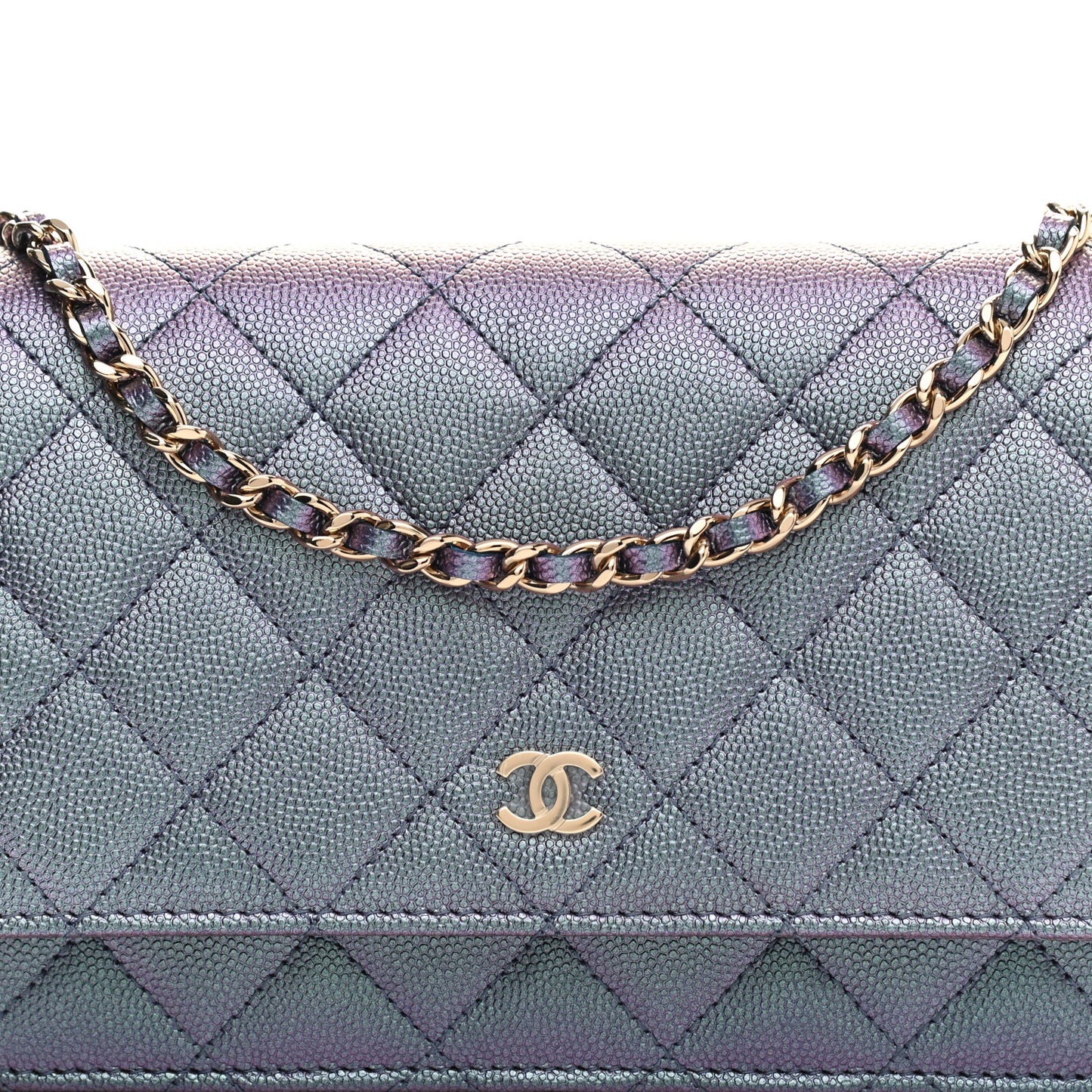 Iridescent Caviar Quilted Wallet On Chain WOC Dark Blue