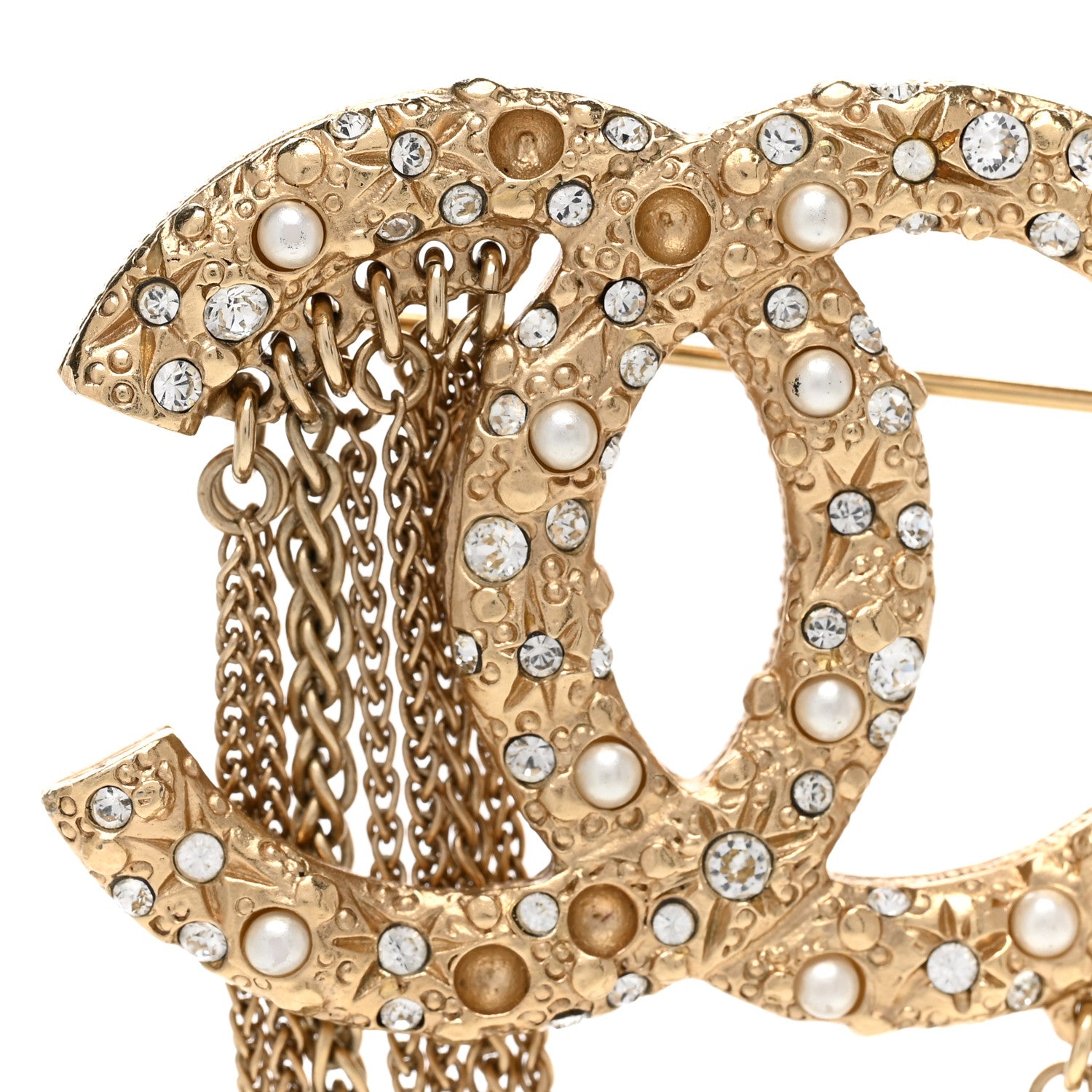 Chanel Crystal Pearl Multi Strand Chain CC Brooch Gold 5 of 6