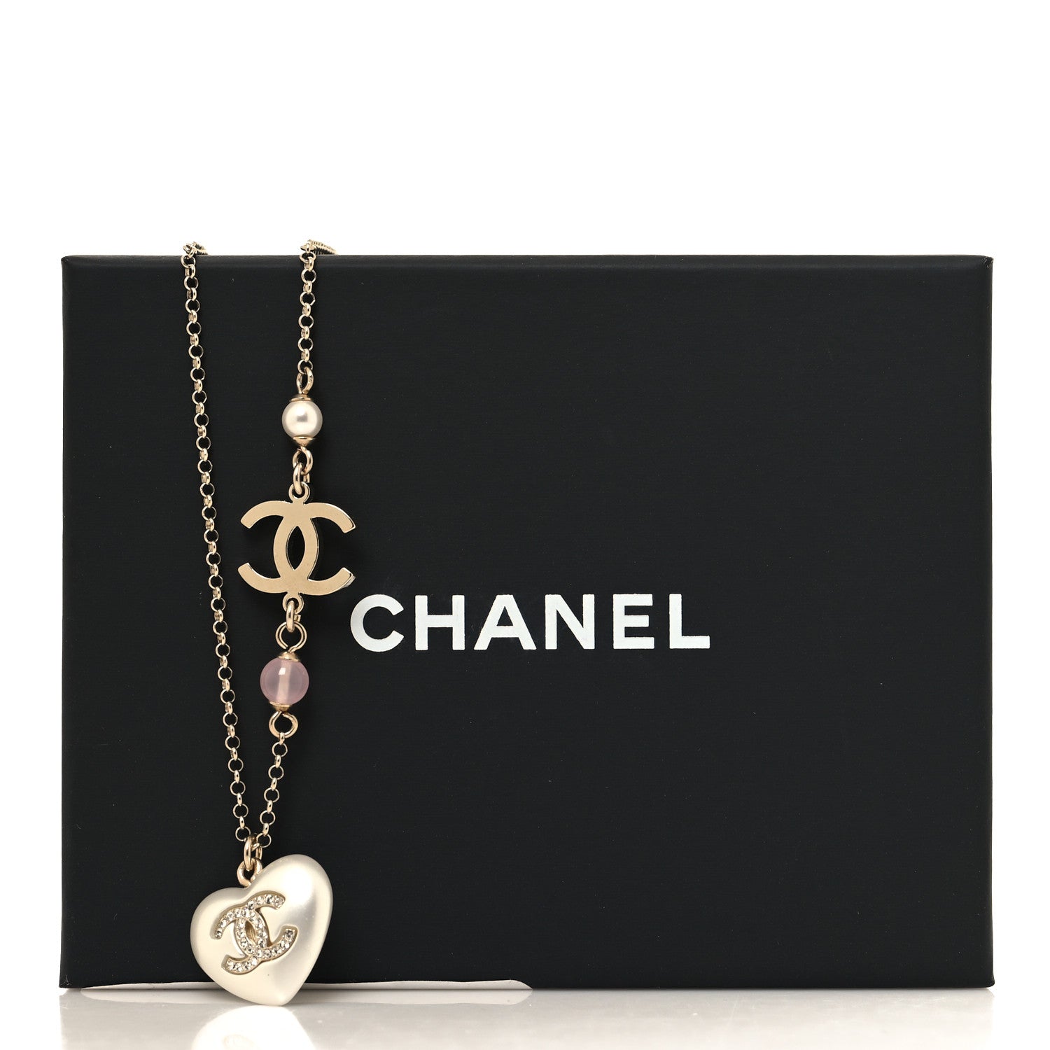 Chanel Resin Crystal CC Heart Necklace Pearly White Gold 5 of 5