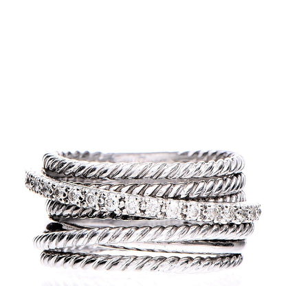David Yurman Sterling Silver 14K White Gold Diamond 11mm Wide Crossover Cable Ring 52 6 1 of 4