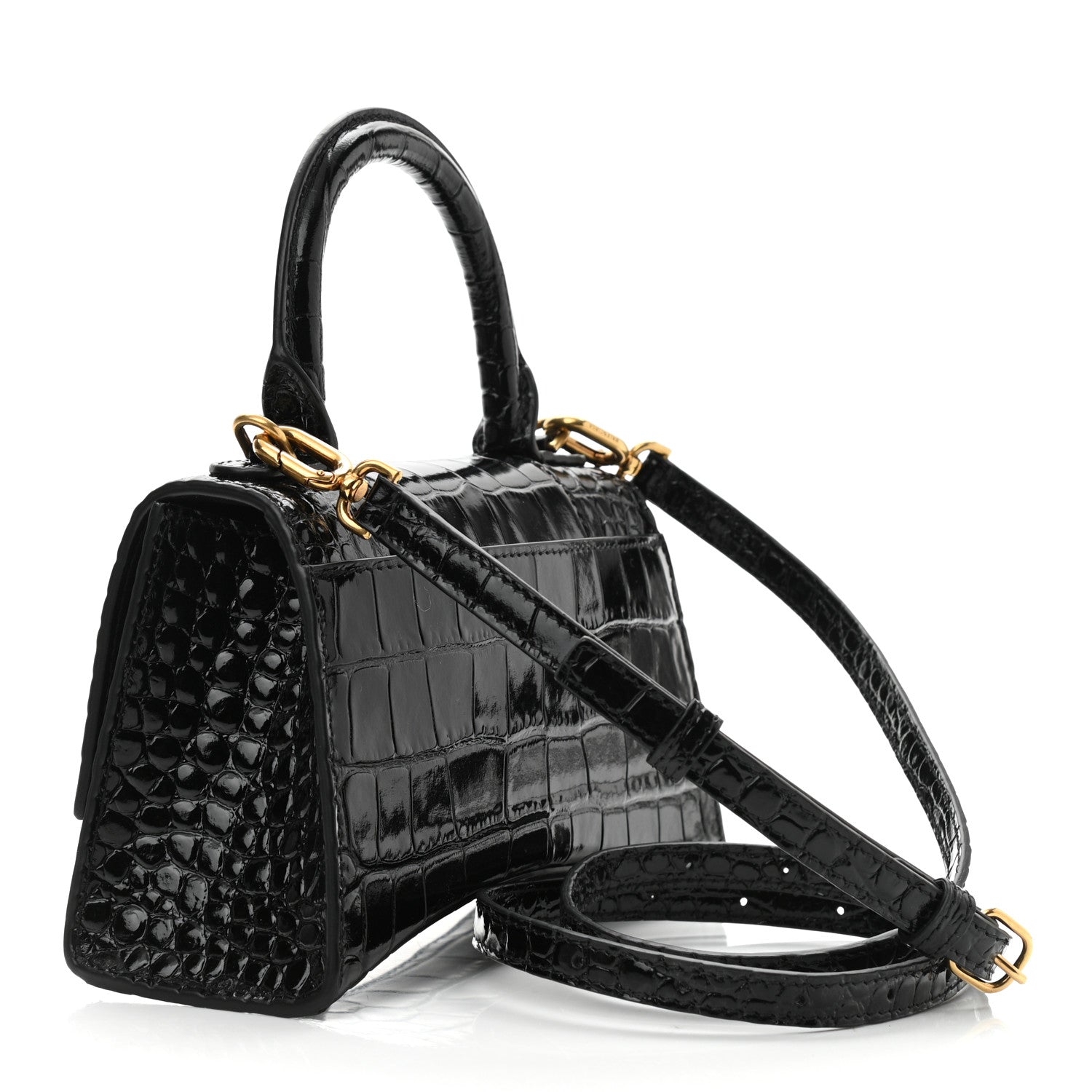 Balenciaga Shiny Calfskin Crocodile Embossed Hourglass Top Handle Bag XS Black 3 of 10