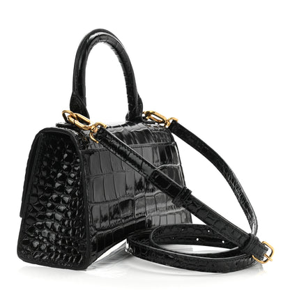 Balenciaga Shiny Calfskin Crocodile Embossed Hourglass Top Handle Bag XS Black 3 of 10