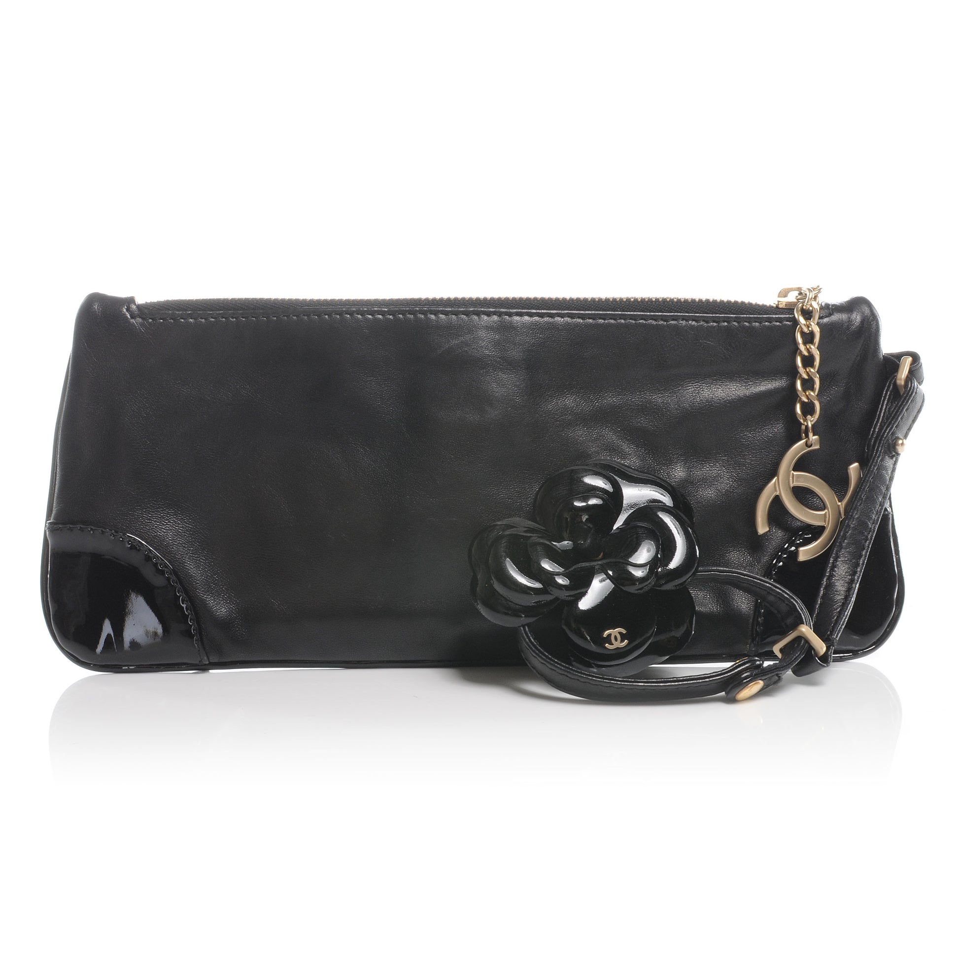 Chanel Lambskin and Patent Leather Camellia Wristlet Black 1 of 8