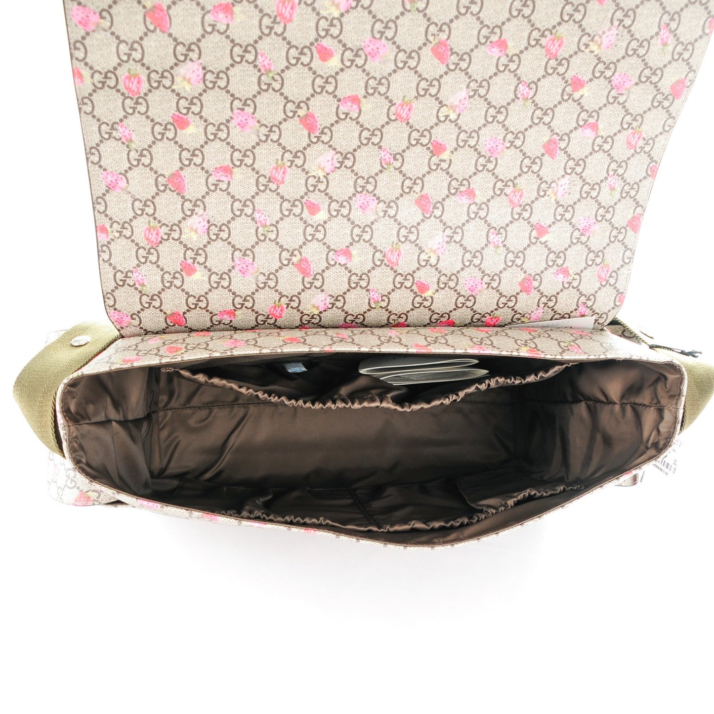 GG Supreme Monogram Strawberry Messenger Diaper Bag Beige