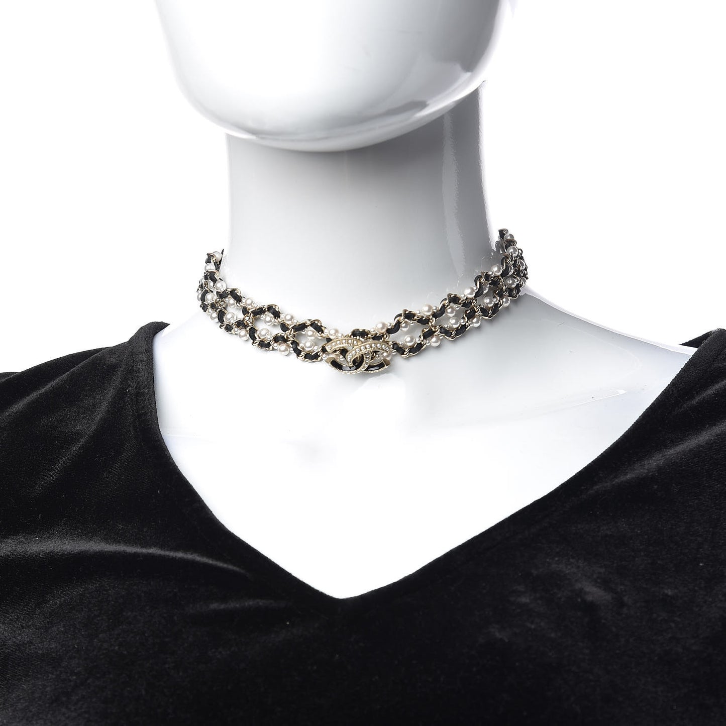 Pearl Lambskin CC Chain Twist Choker Necklace Black Gold