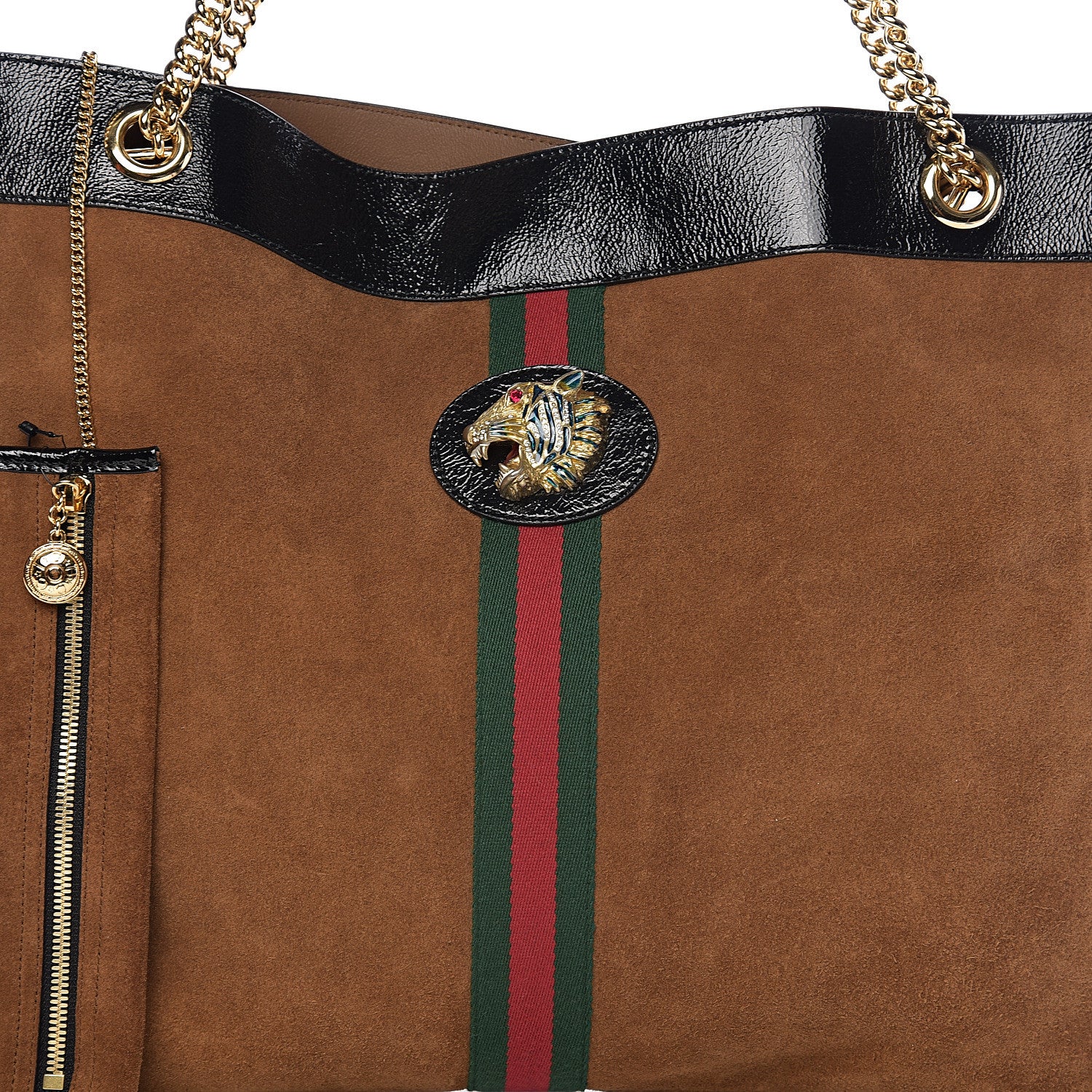 Gucci Suede Patent Large Rajah Chain Tote Nocciola Black 7 of 9