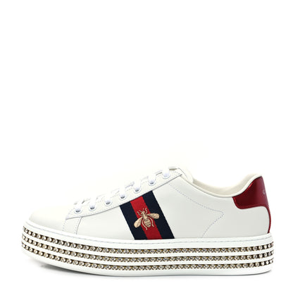 Gucci Calfskin Crystal Web Bee Embroidered Womens Ace Platform Sneakers 40 White 1 of 9