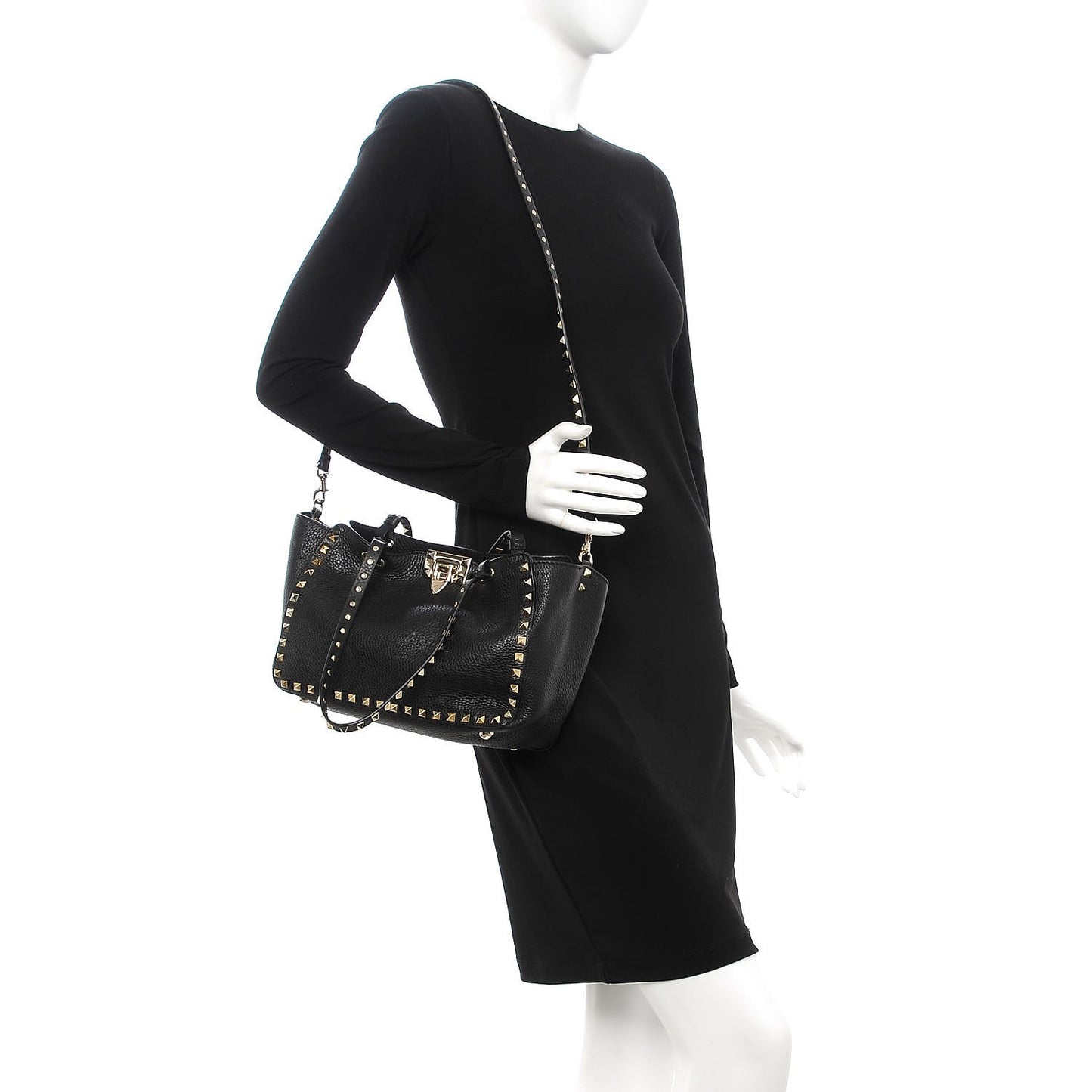 Grained Calfskin Small Rockstud Tote Black