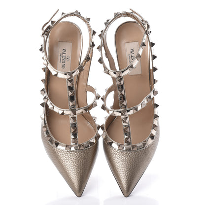 Valentino Garavani Metallic Pebbled Calfskin Patent Rockstud Ankle Strap Pumps 38.5 Sasso 5 of 9