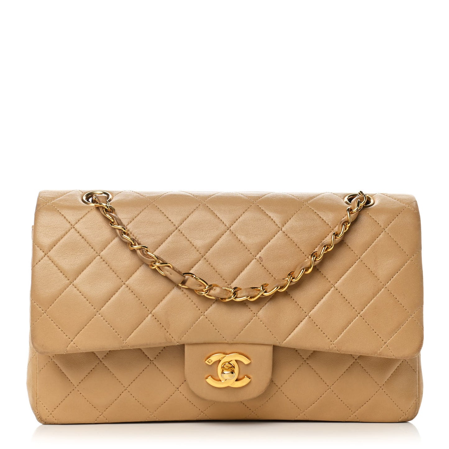 Lambskin Quilted Medium Double Flap Beige