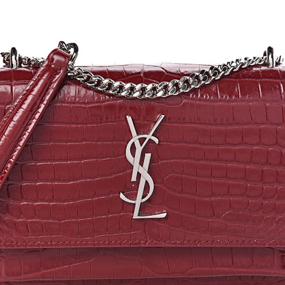 Saint Laurent Calfskin Crocodile Embossed Monogram Sunset Chain Wallet Palissandre 7 of 12