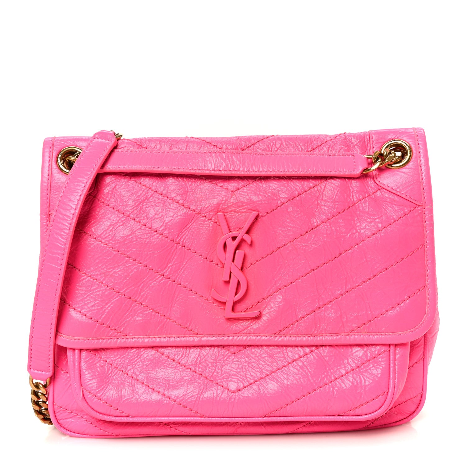 Saint Laurent Crinkled Calfskin Matelasse Monogram Medium Niki Chain Satchel Rose Glow 1 of 11