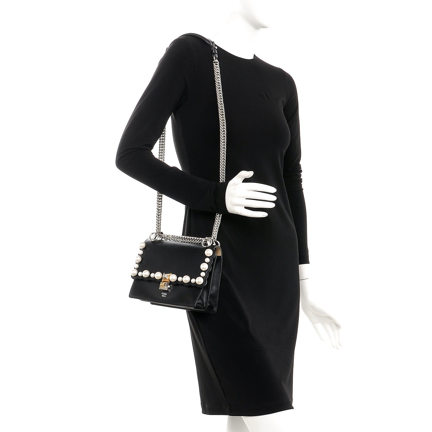 Fendi Vitello Liberty Pearl Scalloped Studded Small Kan I Shoulder Bag Black 2 of 8
