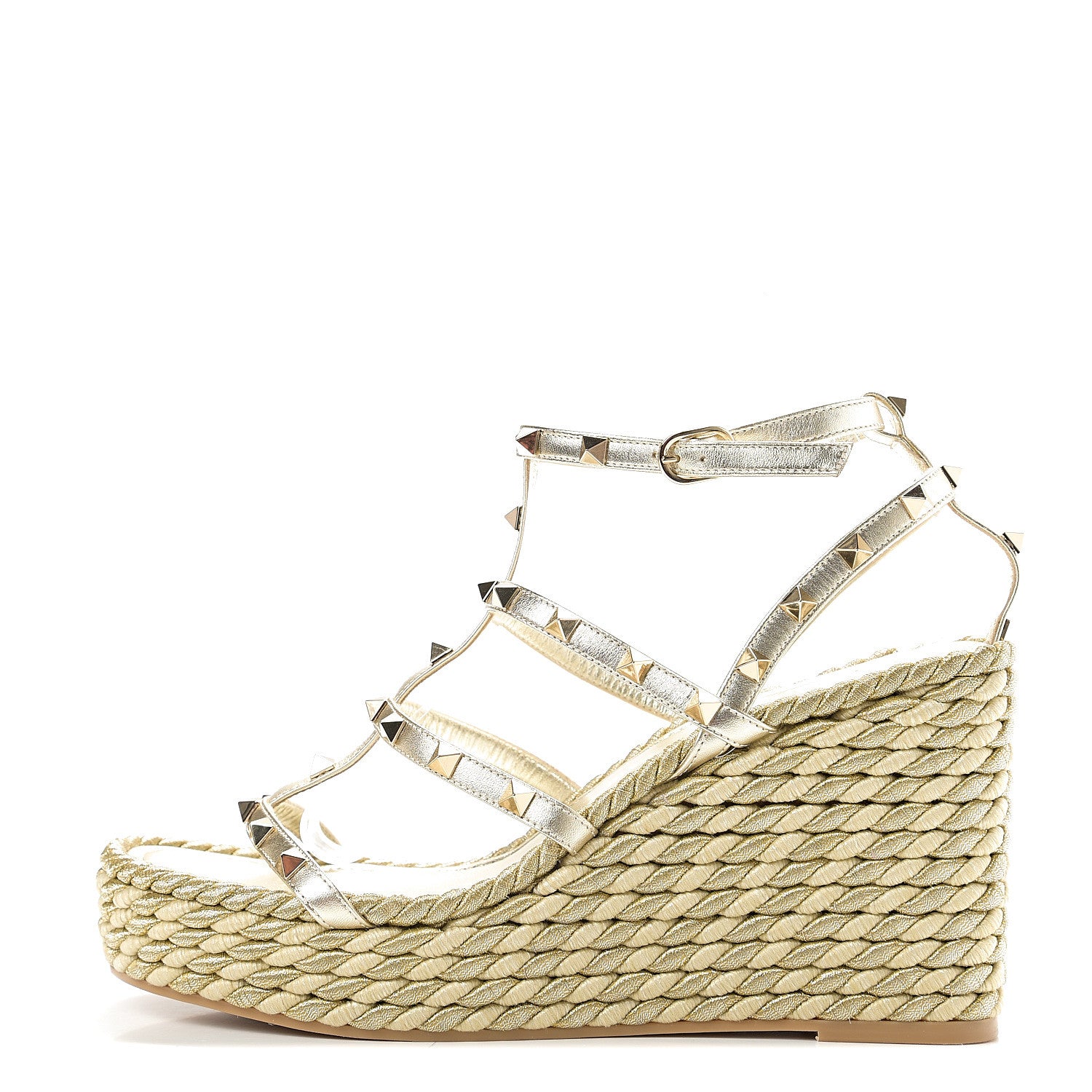 Valentino Garavani Metallic Nappa Rockstud Ankle Strap Torchon Espadrille Caged 25/95mm Wedge Sandals 41 Platino 1 of 8