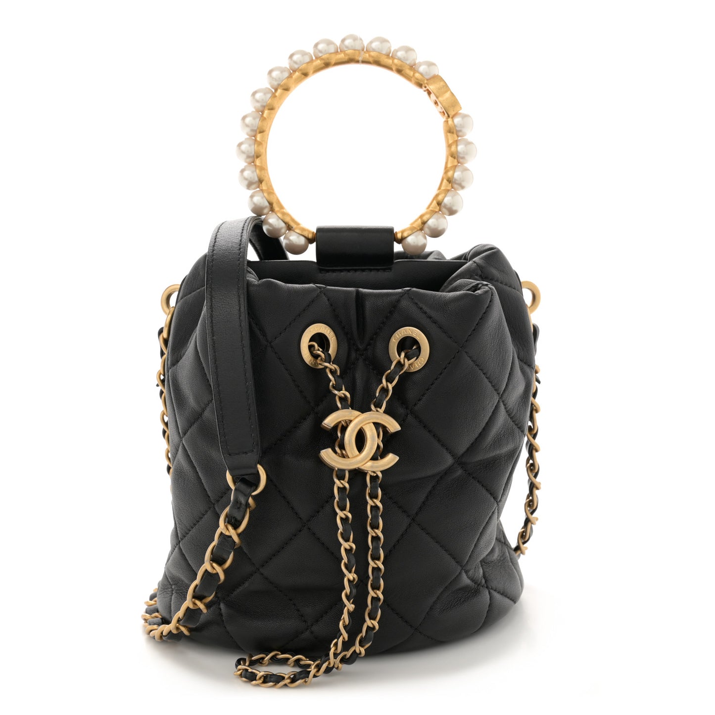Lambskin Quilted Pearl Crown Drawstring Bag Black