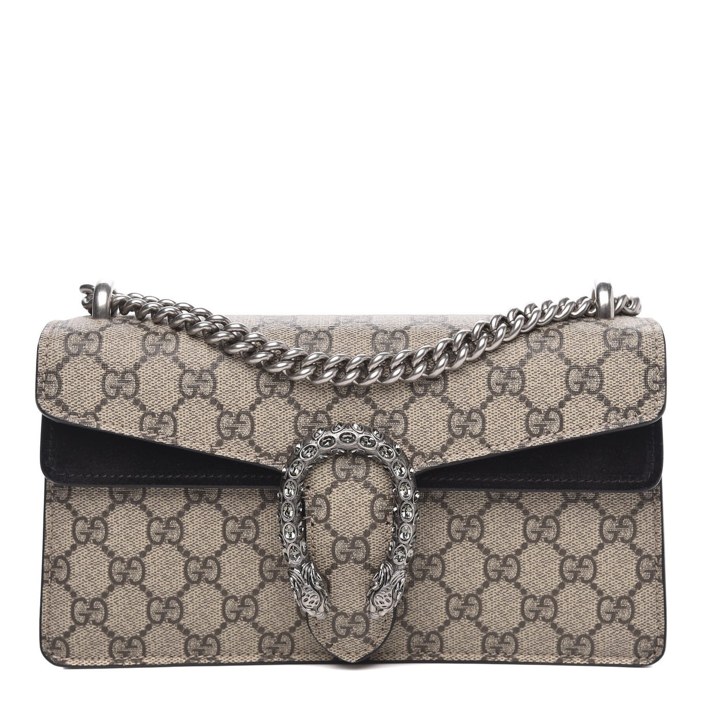 GG Supreme Monogram Suede Crystal Small Dionysus Shoulder Bag Beige Ebony Black