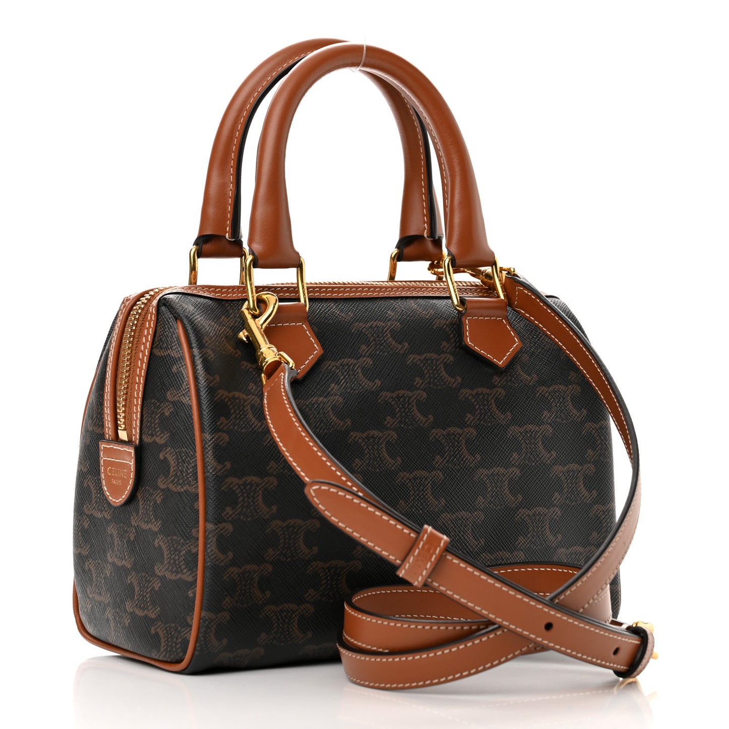 Triomphe Canvas Calfskin Small Boston Bag Tan