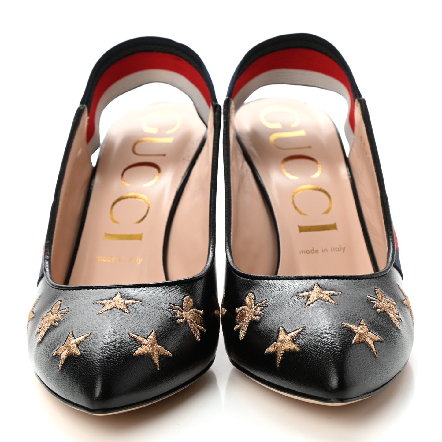 Calfskin Web Bee Star Embroidered Sylvie Mid Heel Slingback Pumps 39 Black