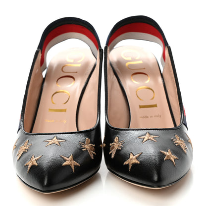 Gucci Calfskin Web Bee Star Embroidered Sylvie Mid Heel Slingback Pumps 39 Black 2 of 10