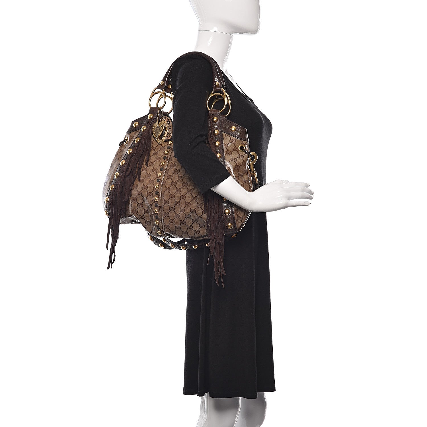 Gucci Crystal Monogram Fringe Babouska Satchel Brown 2 of 11