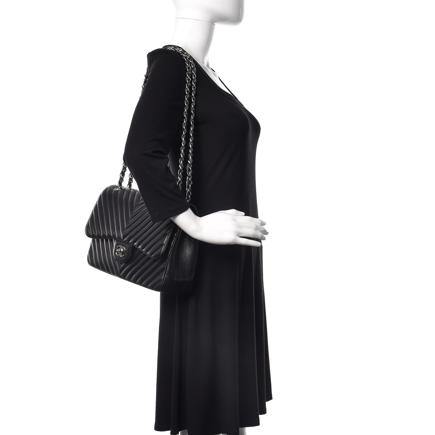 Chanel Caviar Chevron Quilted Jumbo Double Flap Black 2 of 10