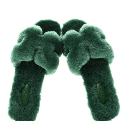 Hermes Woolskin Oran Sandals 37.5 Vert Anglais 2 of 10