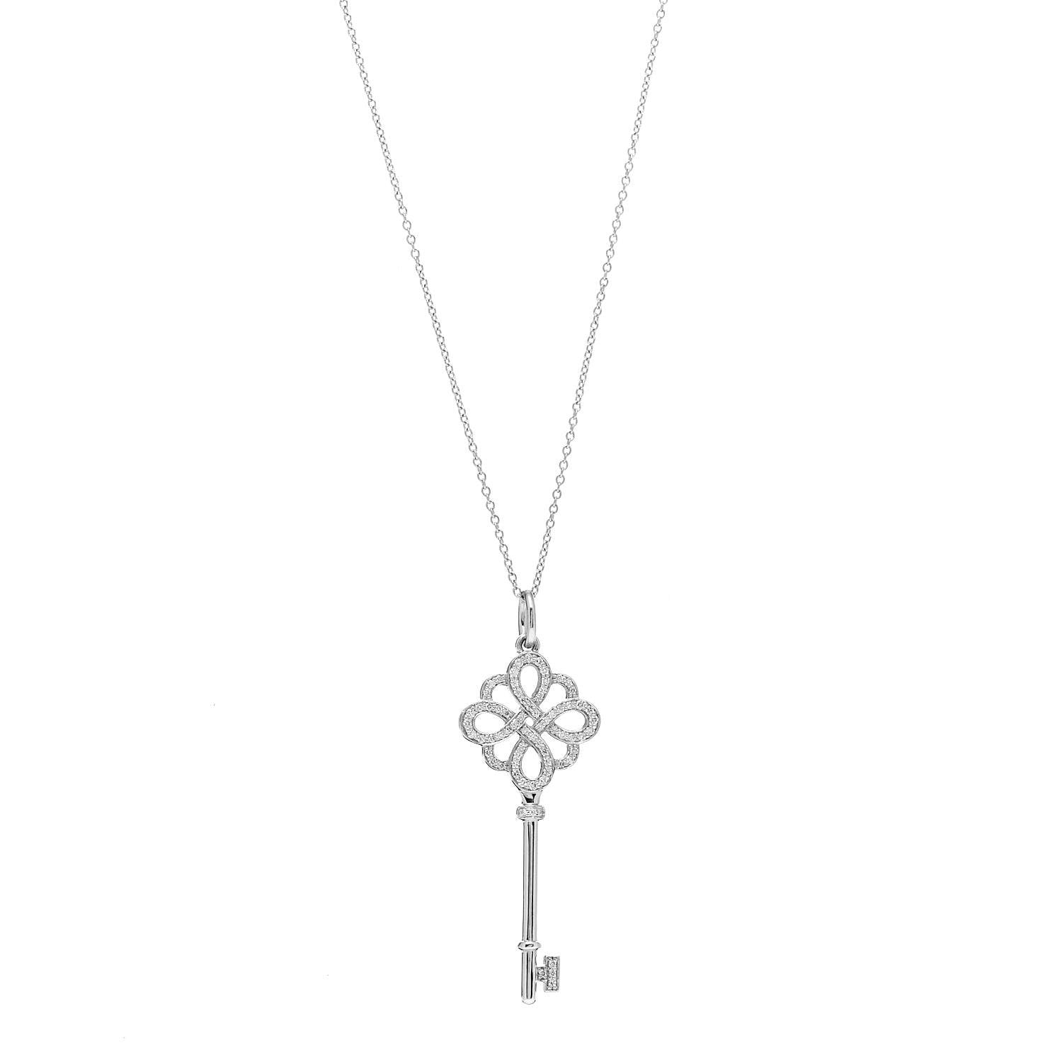Tiffany 18K White Gold Diamond Knot Key Pendant Necklace 1 of 5