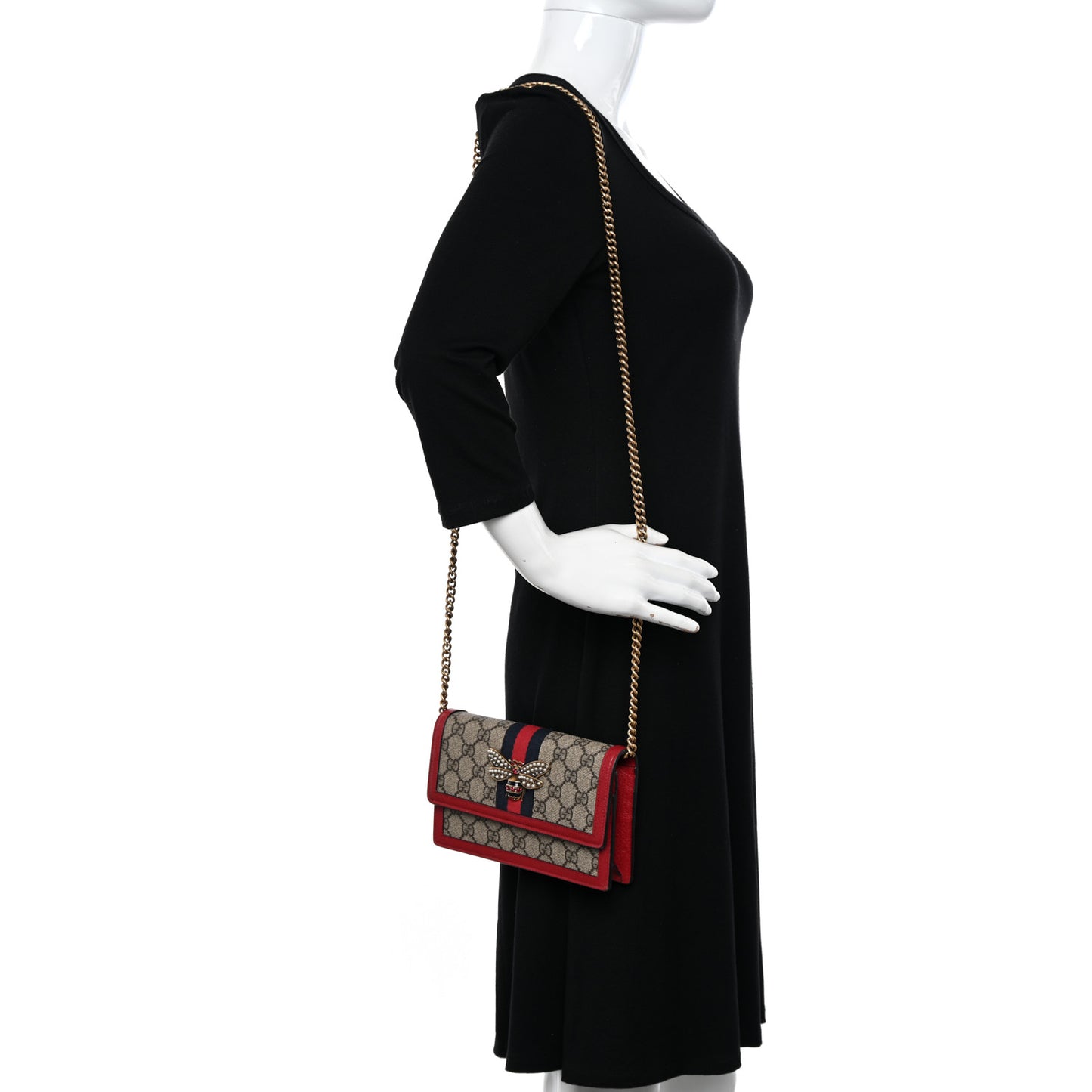 GG Supreme Monogram Web Queen Margaret Chain Wallet Red