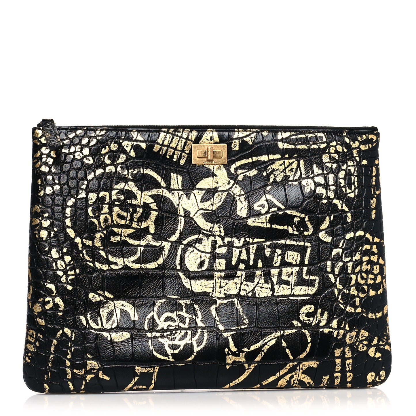Calfskin Crocodile Embossed Graffiti 2.55 Medium Cocodile Reissue Cosmetic Case Black Gold
