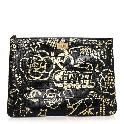 Chanel Calfskin Crocodile Embossed Graffiti 2.55 Medium Cocodile Reissue Cosmetic Case Black Gold 1 of 9