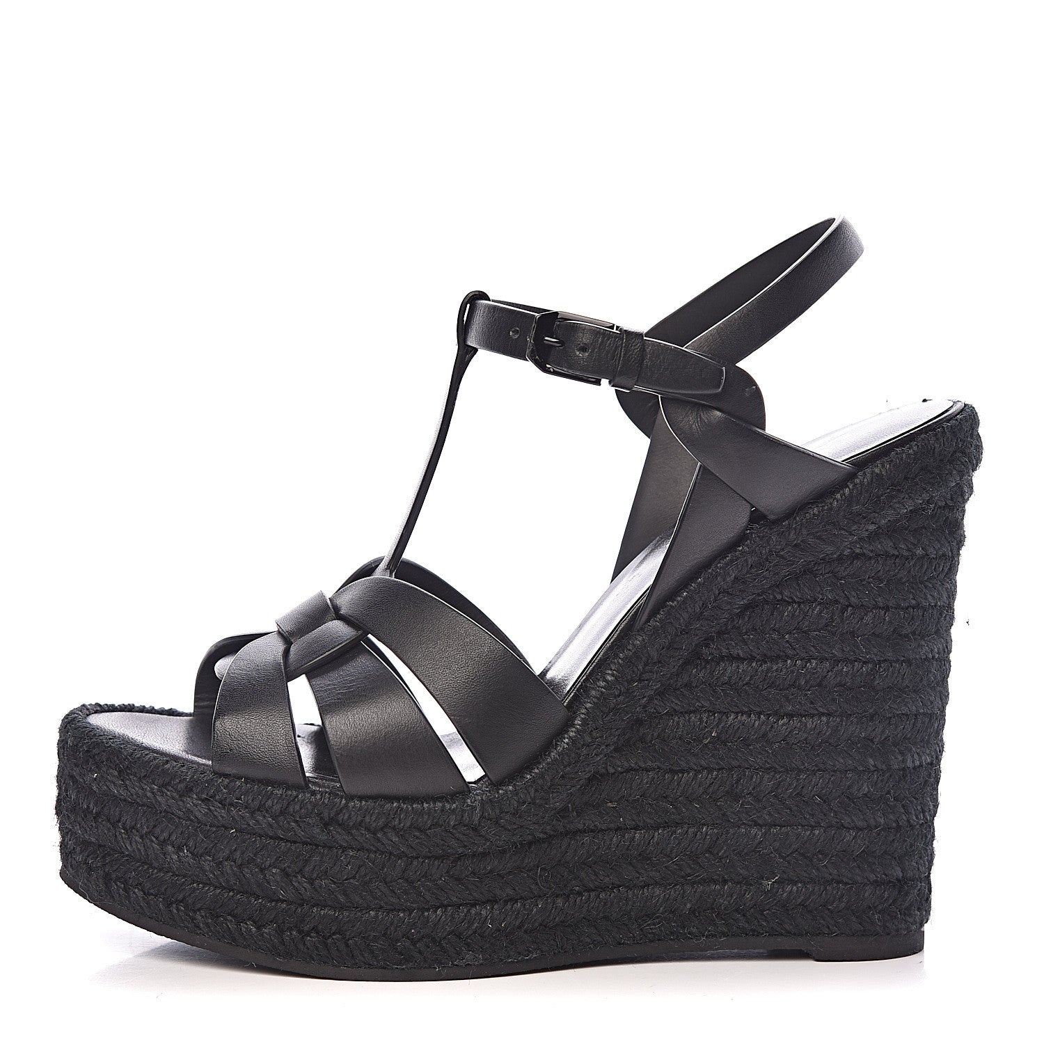 Saint Laurent Calfskin Tribute 95 Platform Espadrille Wedge Sandals 38.5 Black 1 of 9