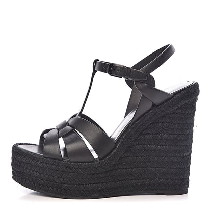 Saint Laurent Calfskin Tribute 95 Platform Espadrille Wedge Sandals 38.5 Black 1 of 9