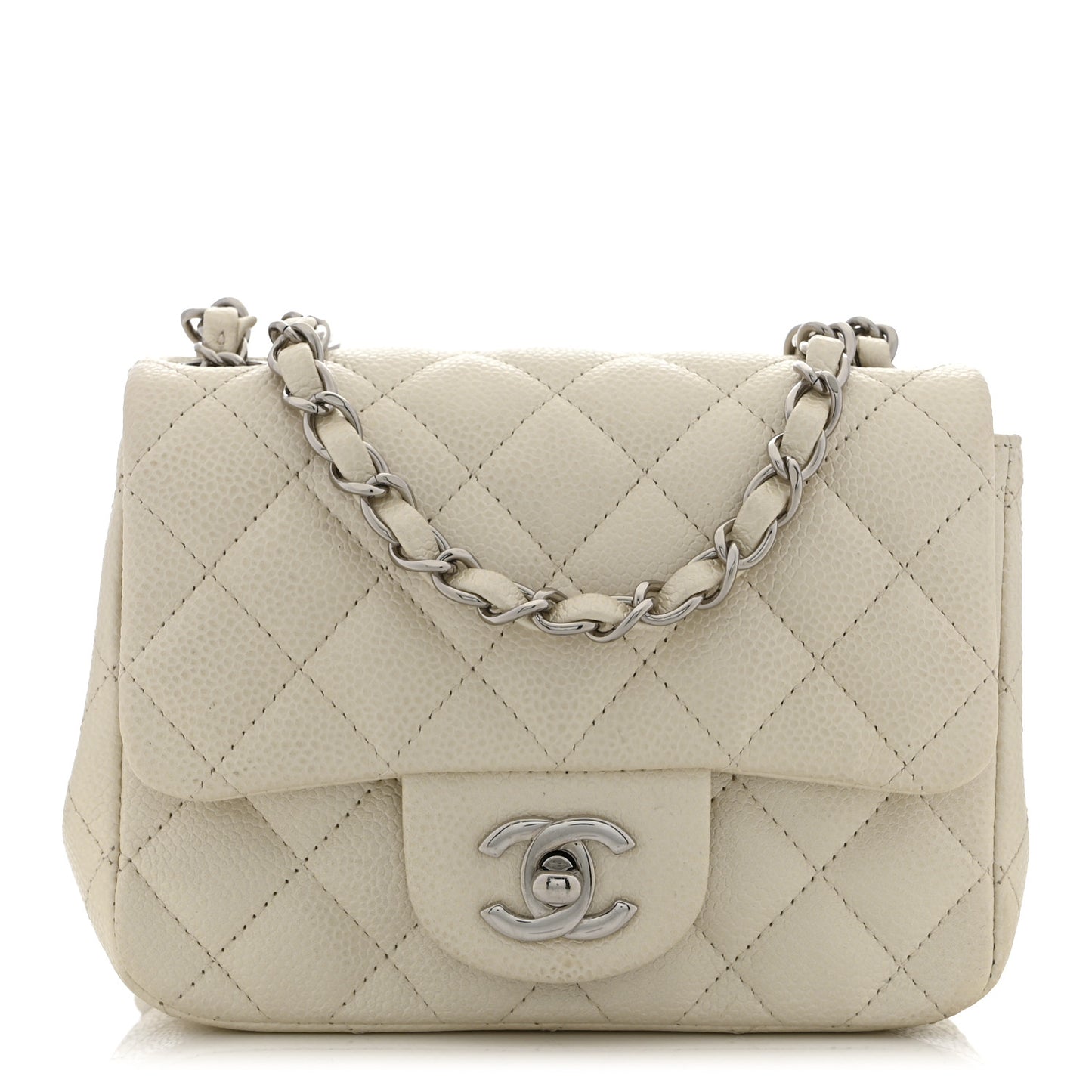 Iridescent Caviar Quilted Mini Square Flap White