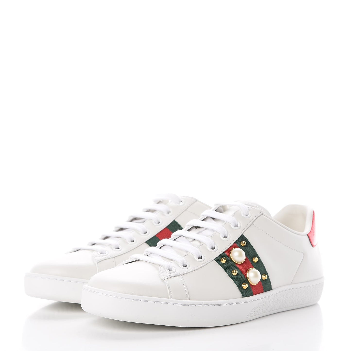 Calfskin Web Pearl Studded Womens Ace Sneakers 37.5 White