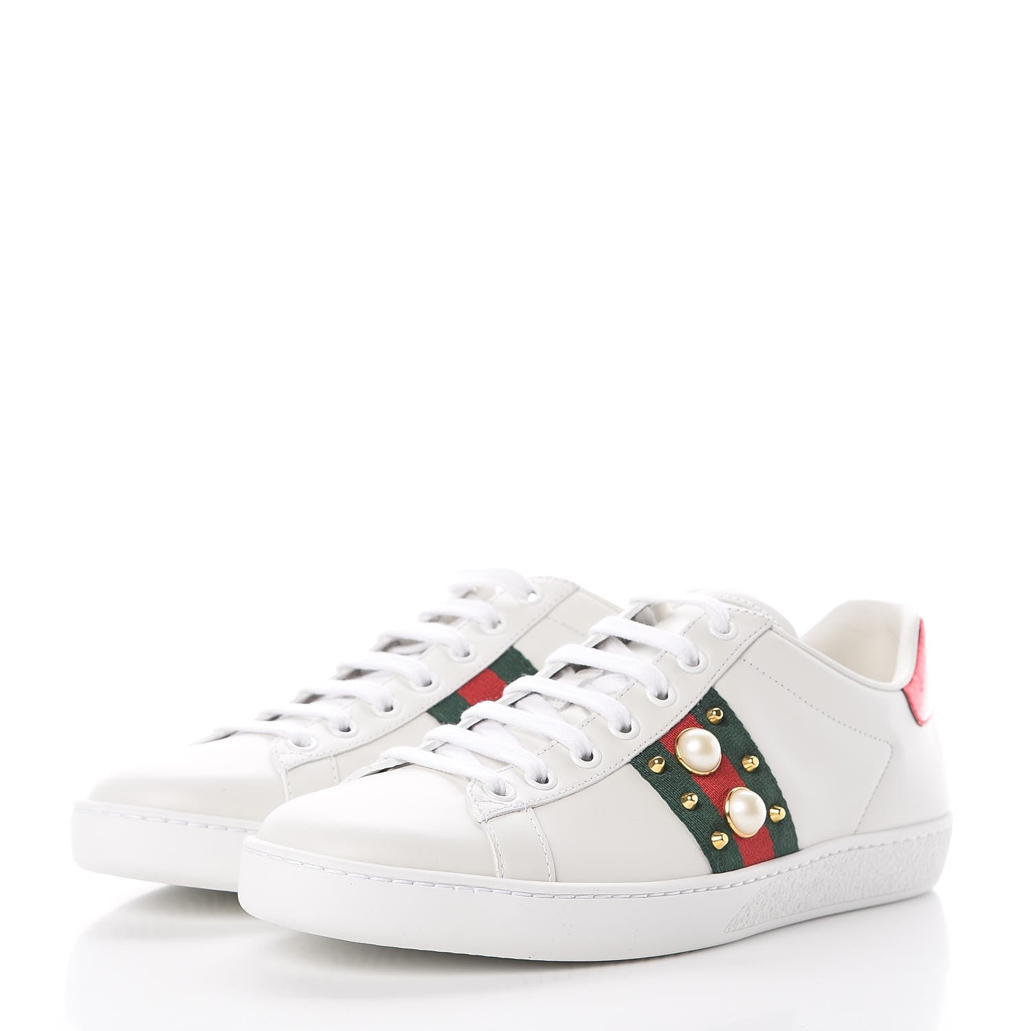 Gucci Calfskin Web Pearl Studded Womens Ace Sneakers 37.5 White 3 of 9