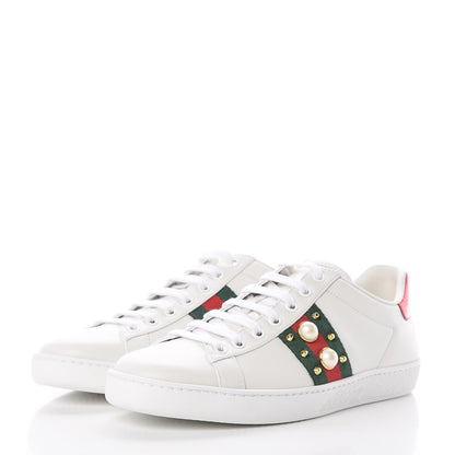 Gucci Calfskin Web Pearl Studded Womens Ace Sneakers 37.5 White 3 of 9
