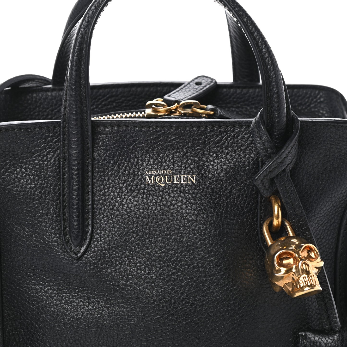 Pebbled Calfskin Mini Skull Padlock Zip Around Tote Black