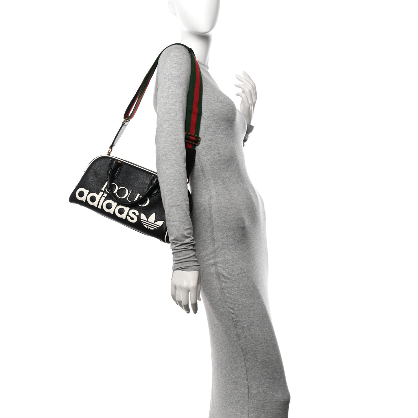 X ADIDAS Textured Dollar Calfskin Web Trefoil Logo Embossed Mini Bowling Bag Black Off White