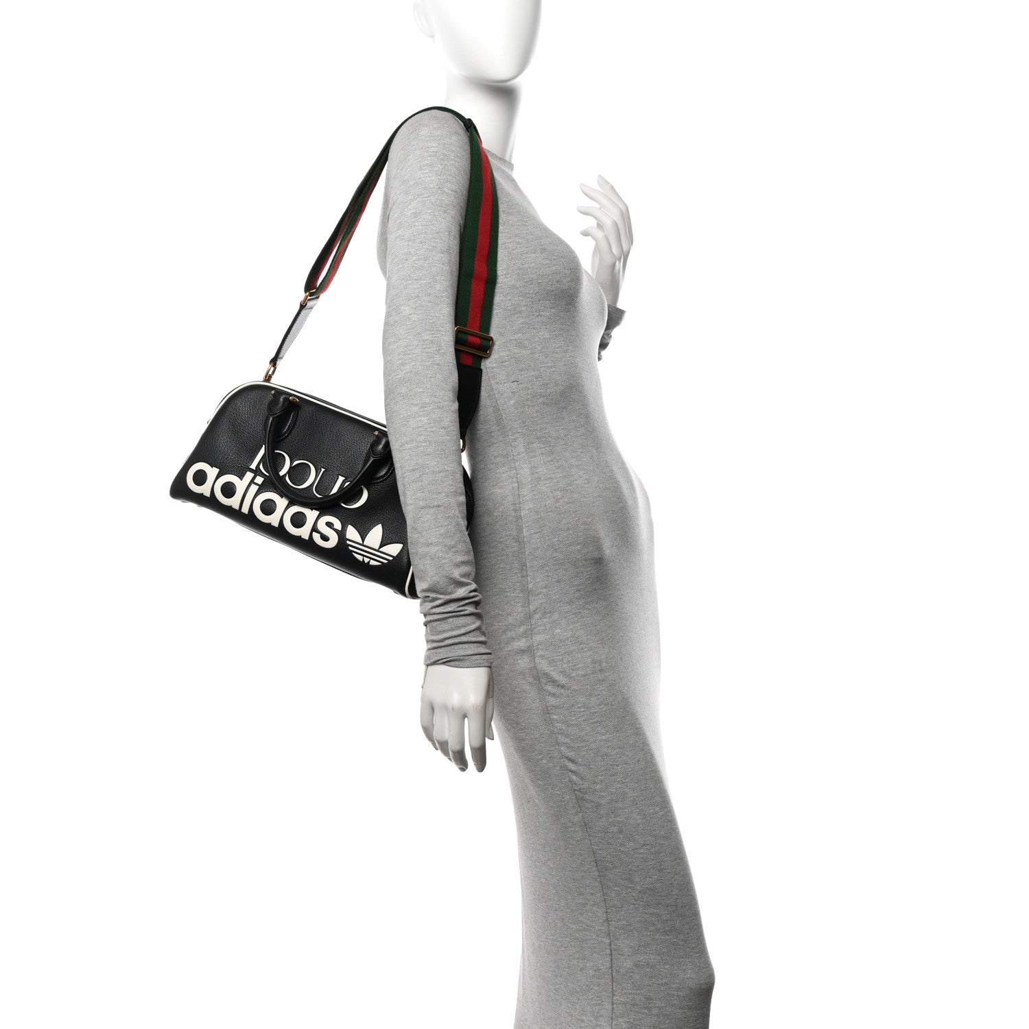 Gucci X ADIDAS Textured Dollar Calfskin Web Trefoil Logo Embossed Mini Bowling Bag Black Off White 2 of 10